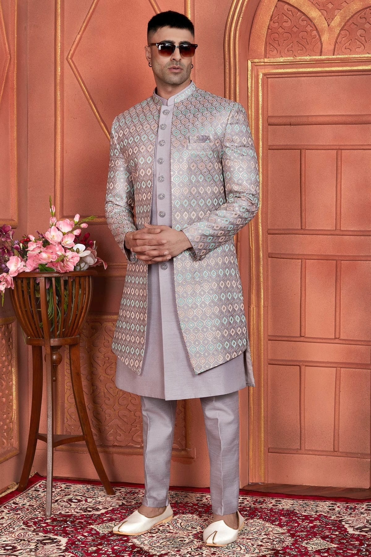 Light Purple Colour Art Silk Indowestern Sherwani With Aligadhi Pant SH1230004 A
