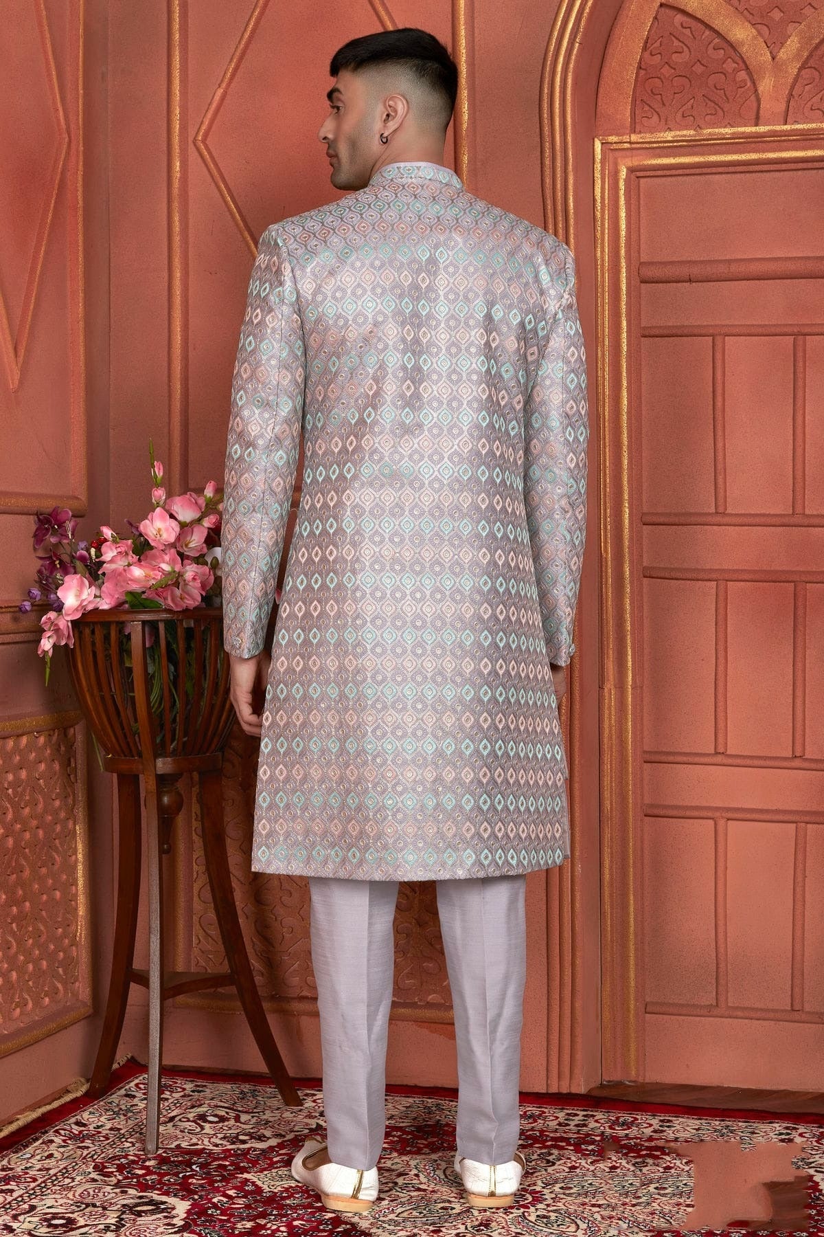 Light Purple Colour Art Silk Indowestern Sherwani With Aligadhi Pant SH1230004 B