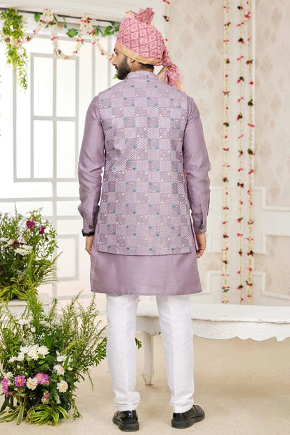 Light Purple Colour Art Silk Kurta Pajama With Jacket KP1230267 A