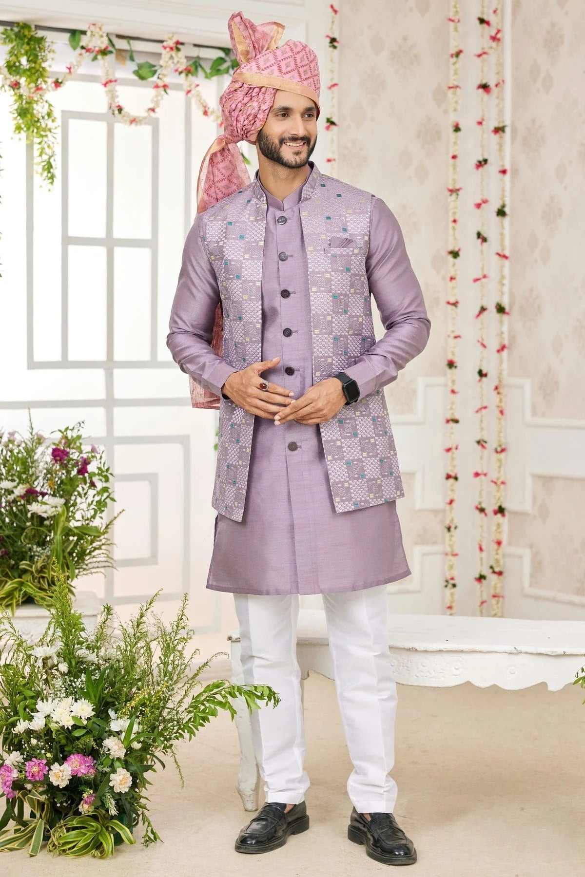Light Purple Colour Art Silk Kurta Pajama With Jacket KP1230267