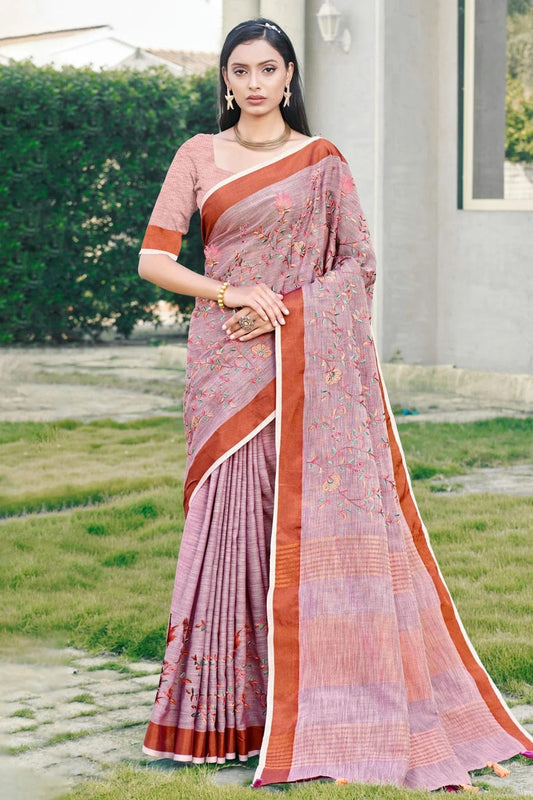 Light Purple Colour Embroidery Work Linen Saree SD1101602