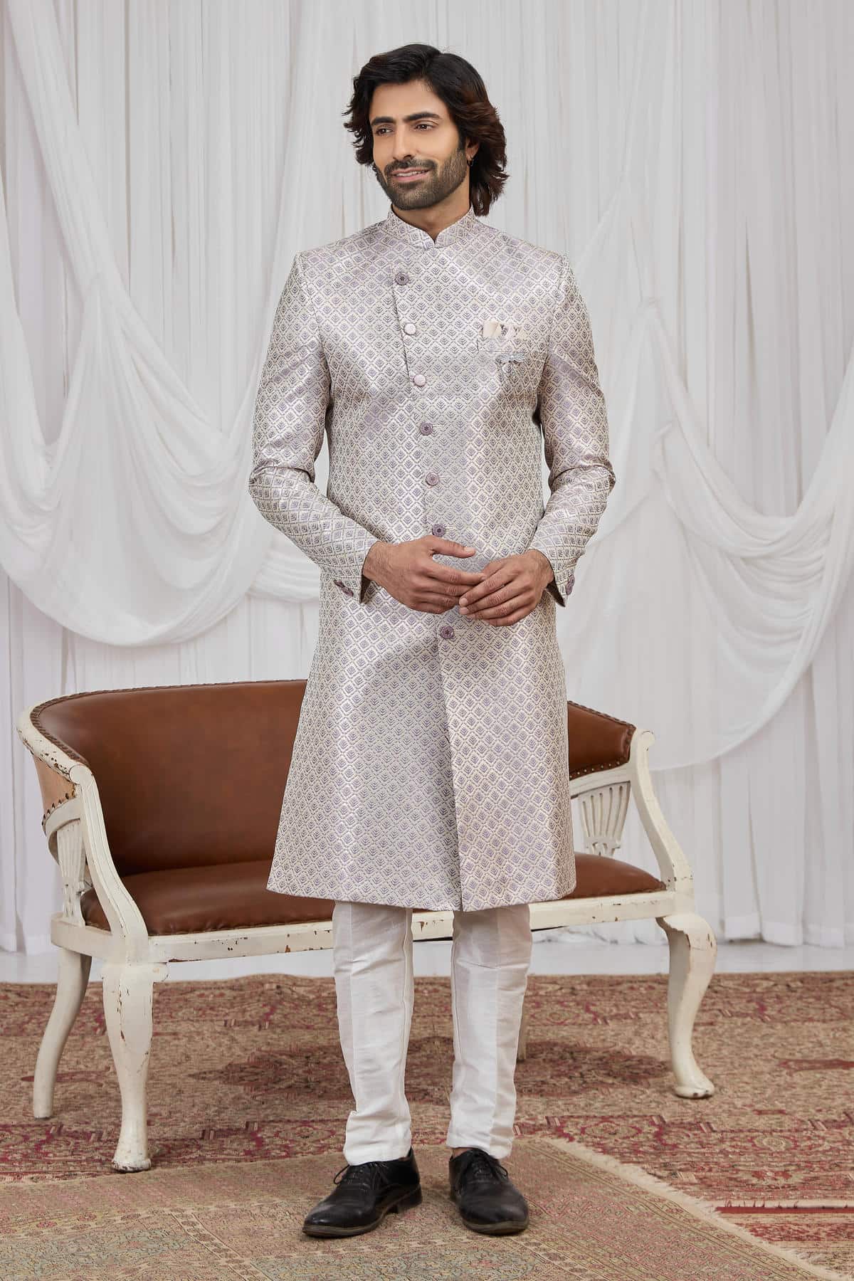 Light Purple Colour Jacquard Embroidery Work Indo Western Sherwani SH1230599