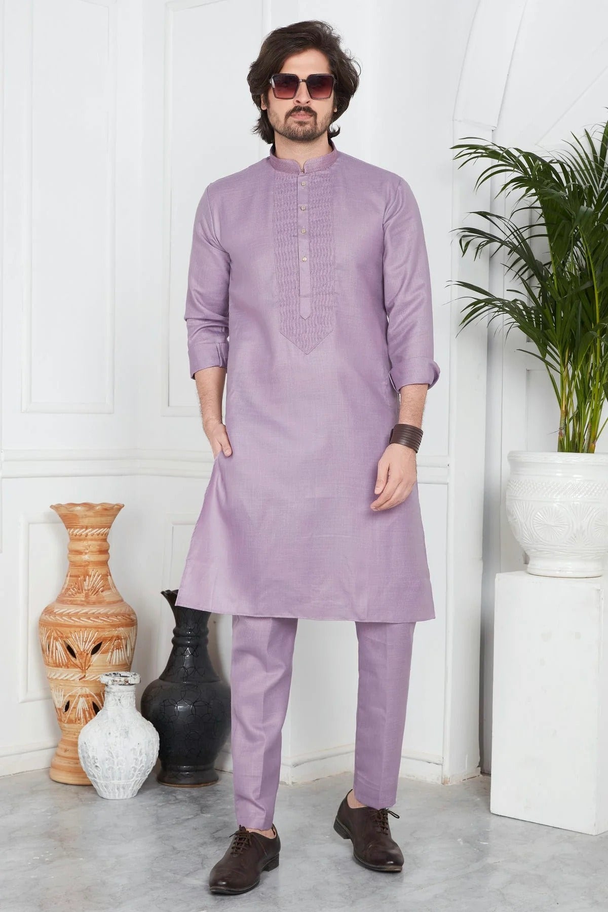 Light Purple Colour Linen Cotton Pintex Work Kurta Pajama KP1230121 A