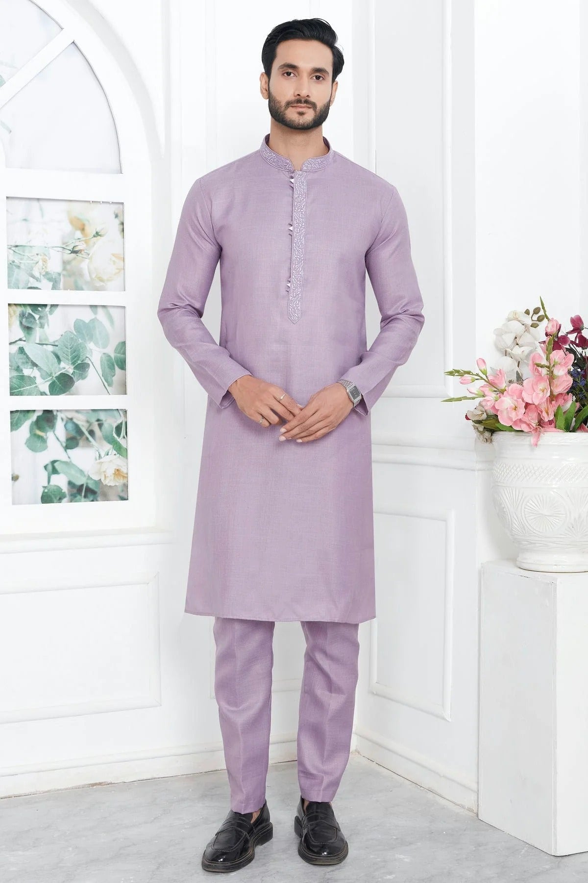 Light Purple Colour Linen Cotton Thread Work Kurta Pajama KP1230135 A