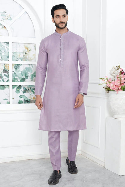 Light Purple Colour Linen Cotton Thread Work Kurta Pajama KP1230135