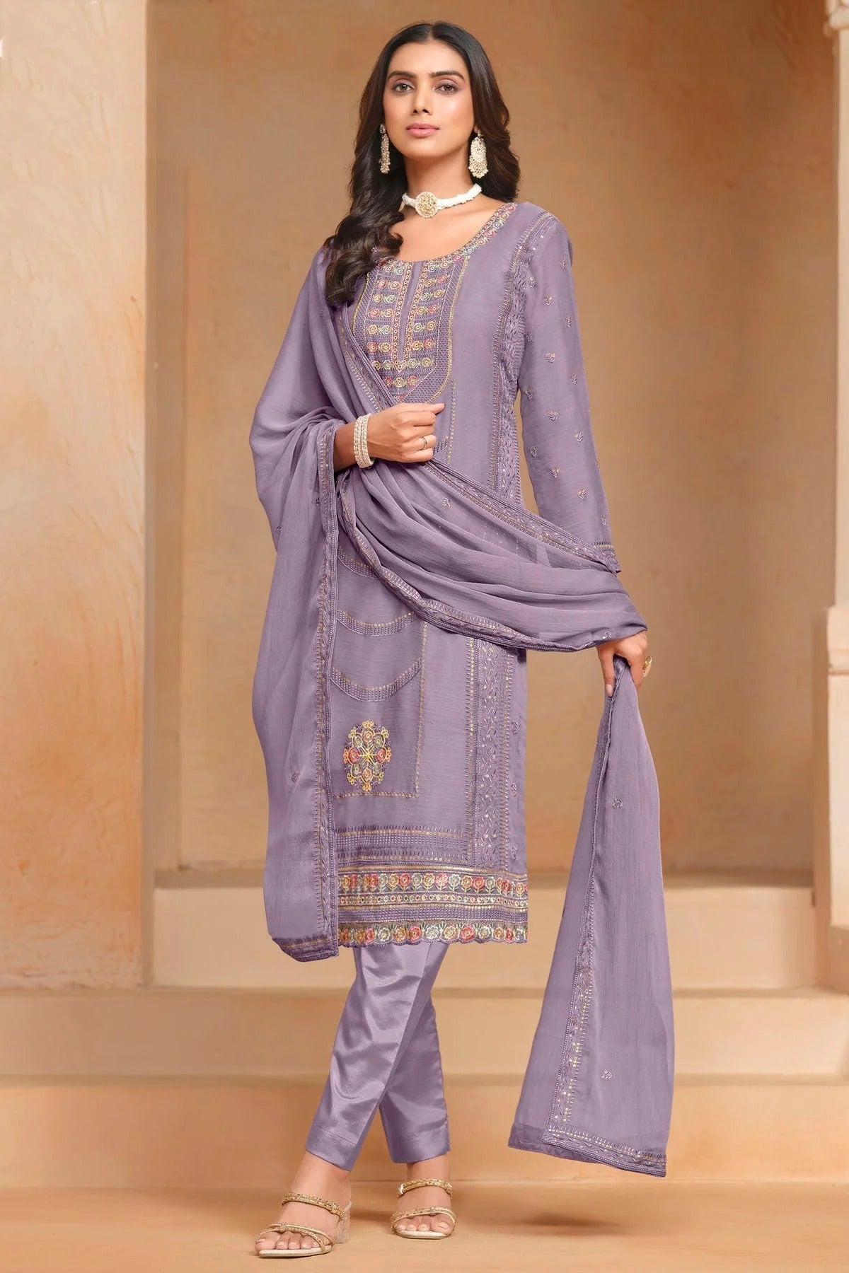 Light Purple Colour Organza Chiffon Semi Stitched Pant Style Suit SM1050610 A