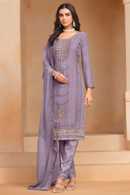 Light Purple Colour Organza Chiffon Semi Stitched Pant Style Suit SM1050610