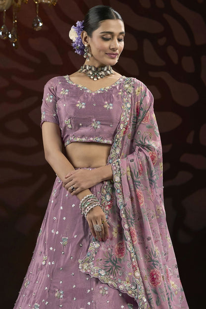 Light Purple Colour Semi Stitched Chinon Lehenga Choli LC1112518 B