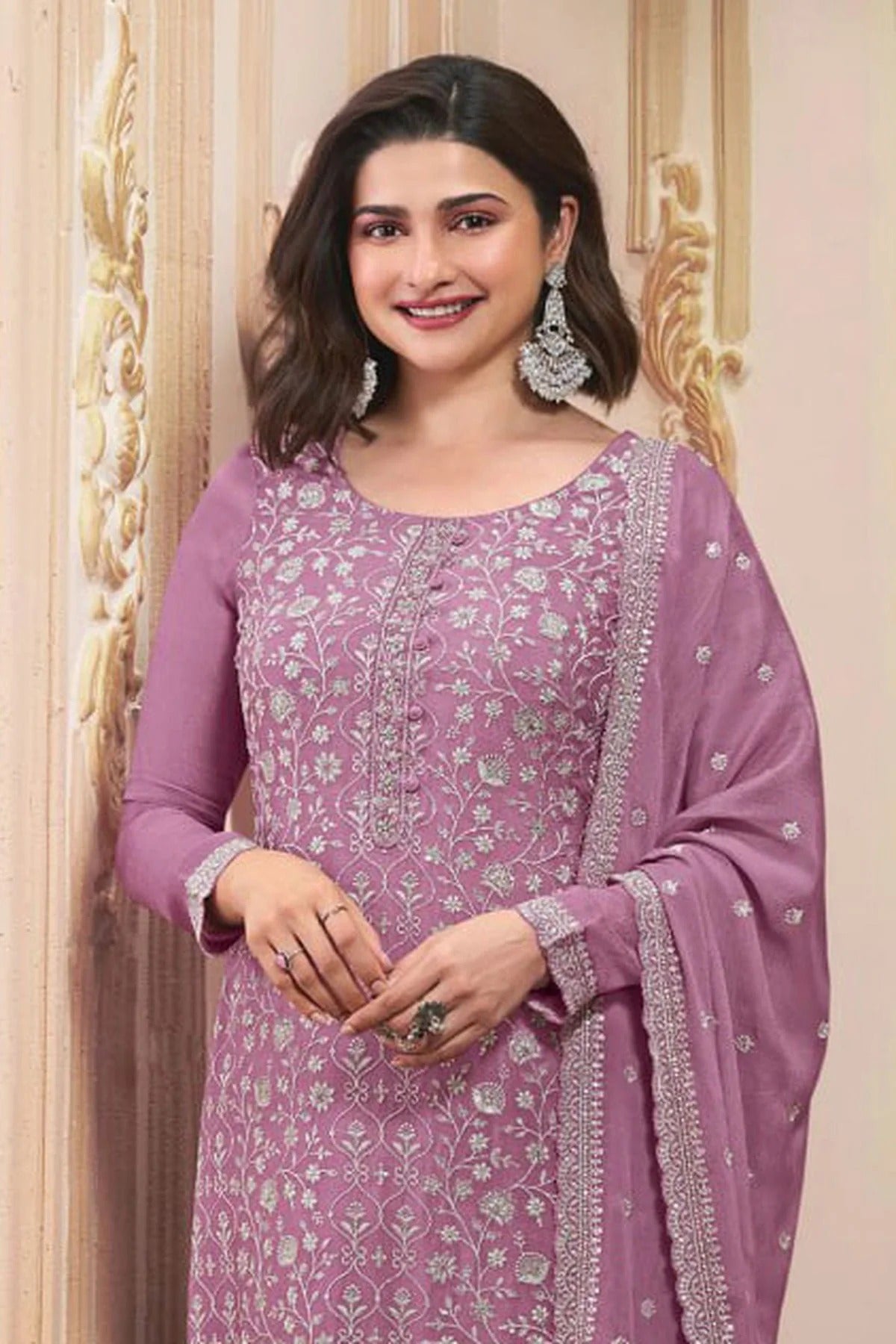 Light Purple Colour Semi Stitched Chinon Silk Pant Style Suit SM1140215 A