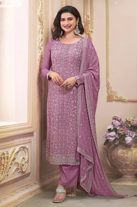 Light Purple Colour Semi Stitched Chinon Silk Pant Style Suit SM1140215
