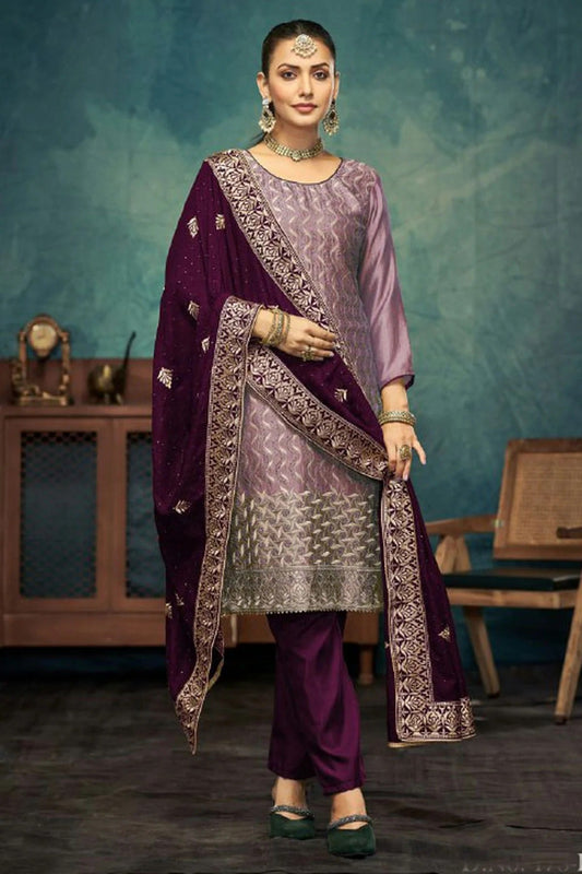 Light Purple Colour Semi Stitched Vichitra Silk Pant Style Suit SM1140511