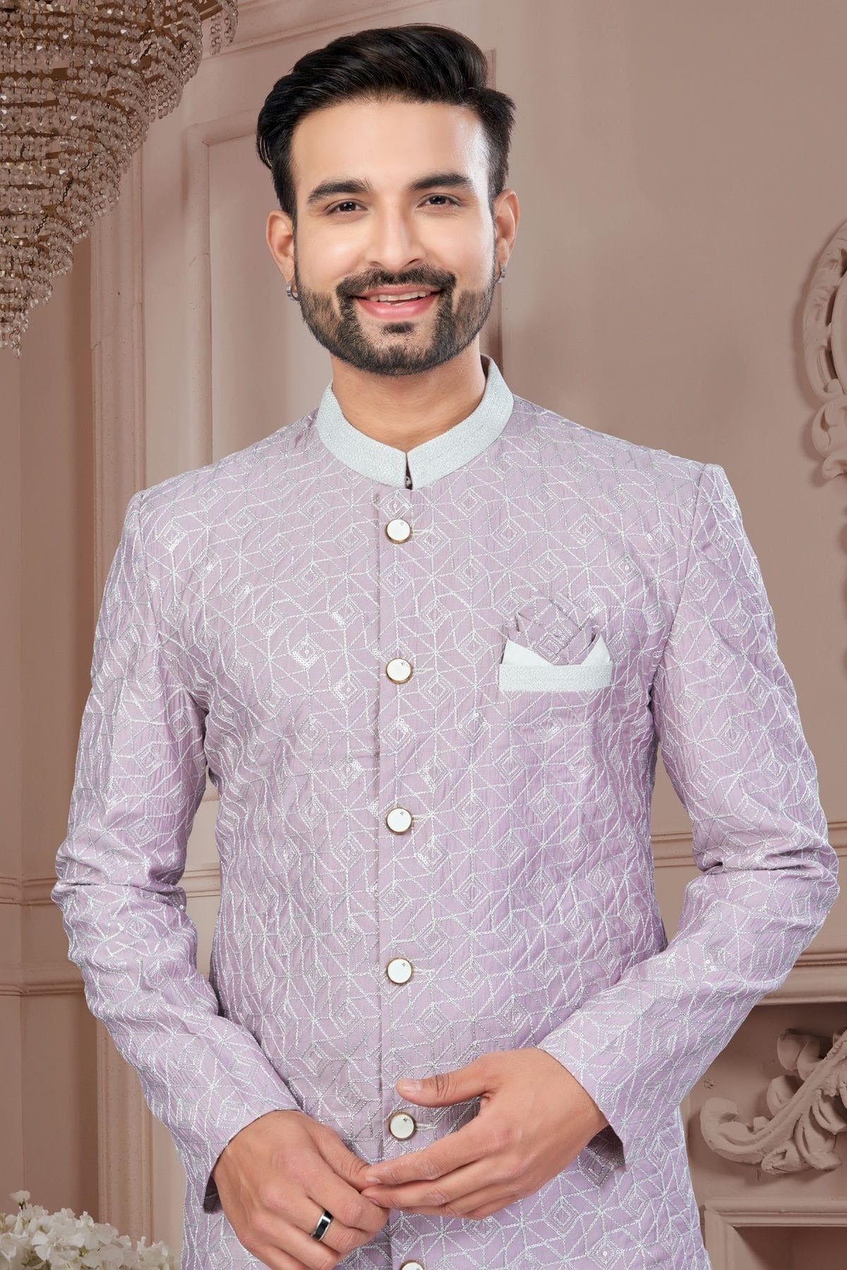 Light Purple Colour Silk Dupion Dhoti Sherwani SH1040639 A
