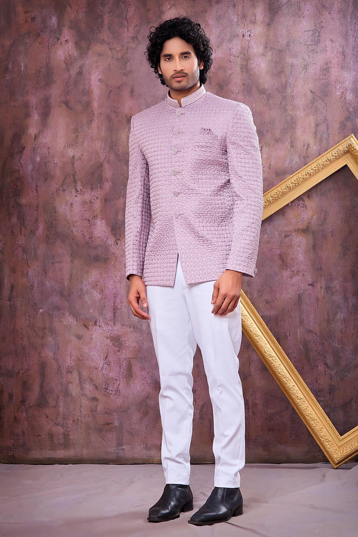 Light Purple Colour Thread Work Embroidery Art Silk Jodhpuri