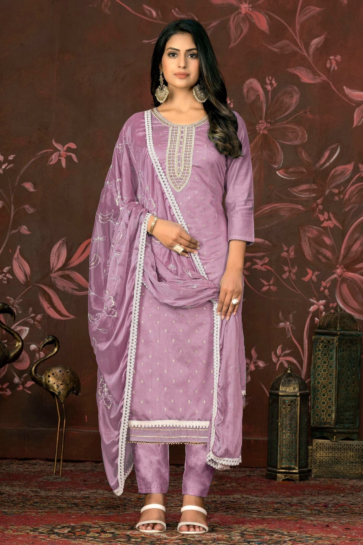 Light Purple Colour Unstitched Modal Cotton Pant Style Suit US1161250