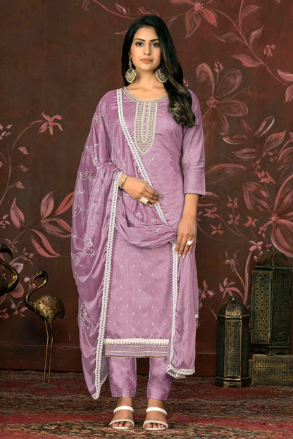 Light Purple Colour Unstitched Modal Cotton Pant Style Suit US1161250