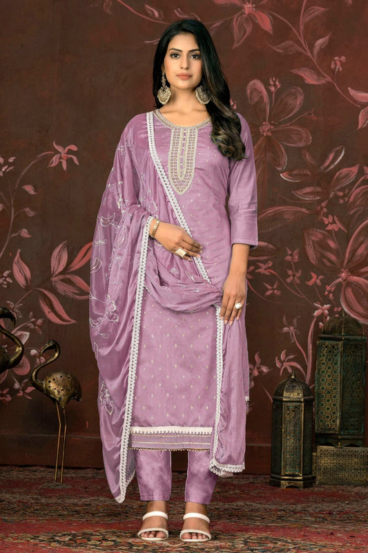 Light Purple Colour Unstitched Modal Cotton Pant Style Suit US1161250