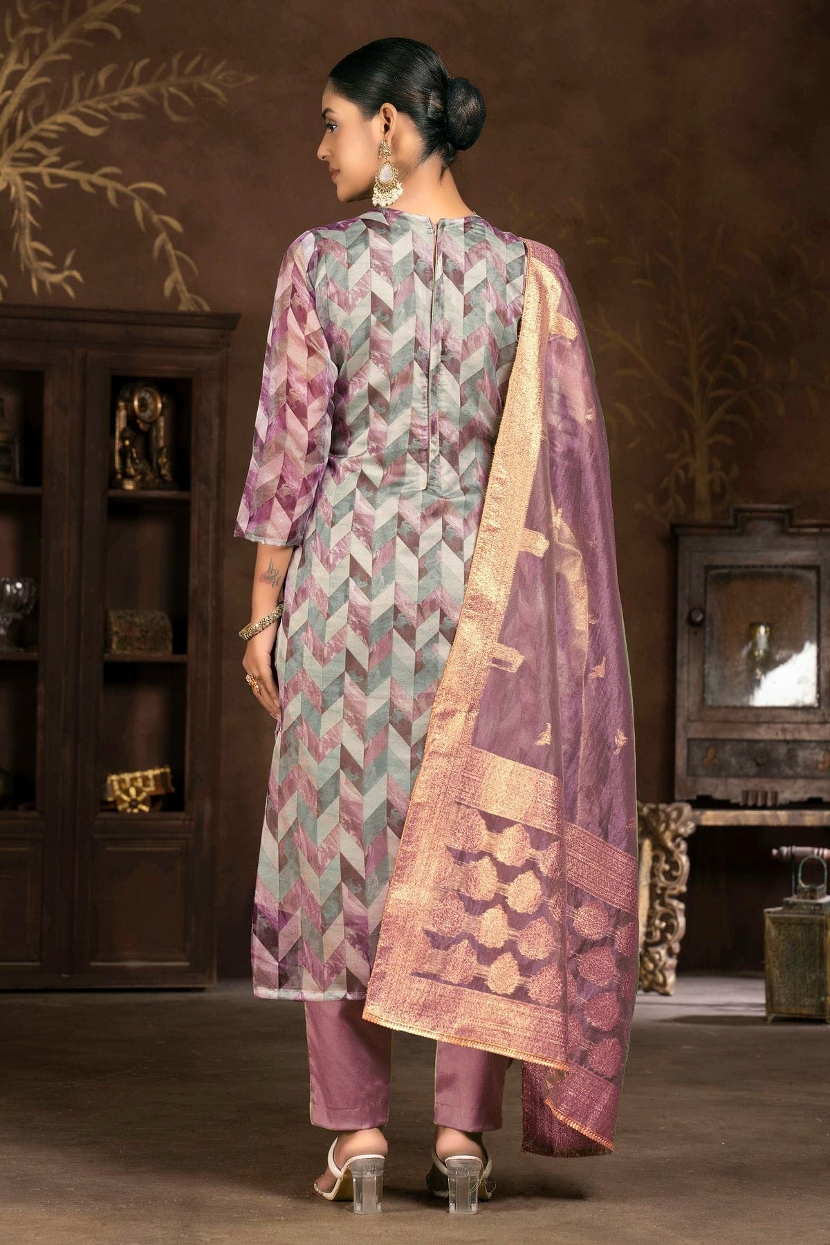 Light Purple Colour Unstitched Organza Jacquard Pant Style Suit US1161331 A