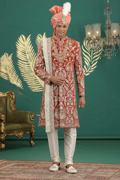 Light Red Colour Art Silk Embroidery Sherwani