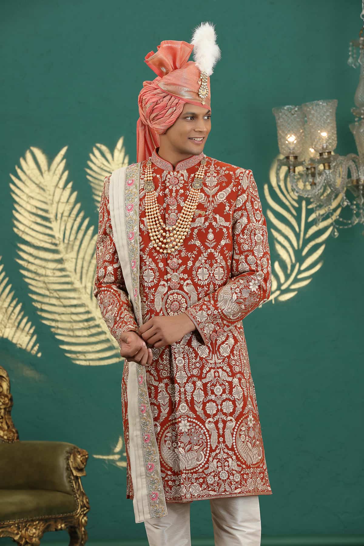 Light Red Colour Art Silk Embroidery Sherwani