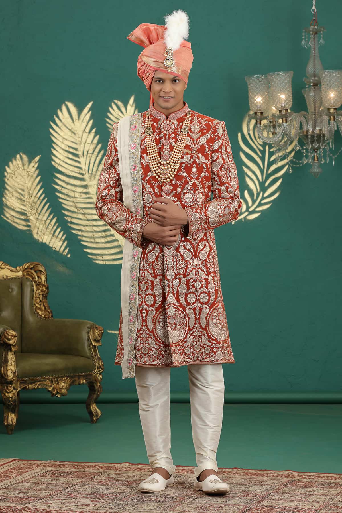 Light Red Colour Art Silk Embroidery Sherwani