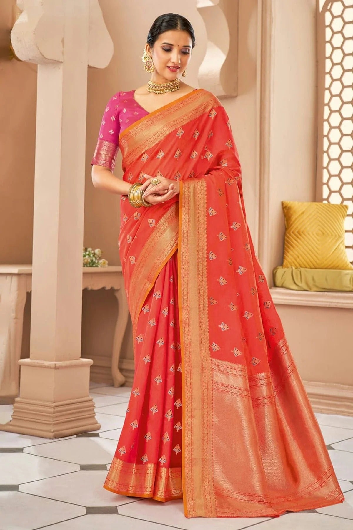Light Red Colour Woven Work Cotton Saree SD1101338