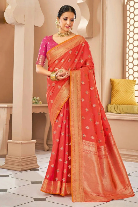 Light Red Colour Woven Work Cotton Saree SD1101338