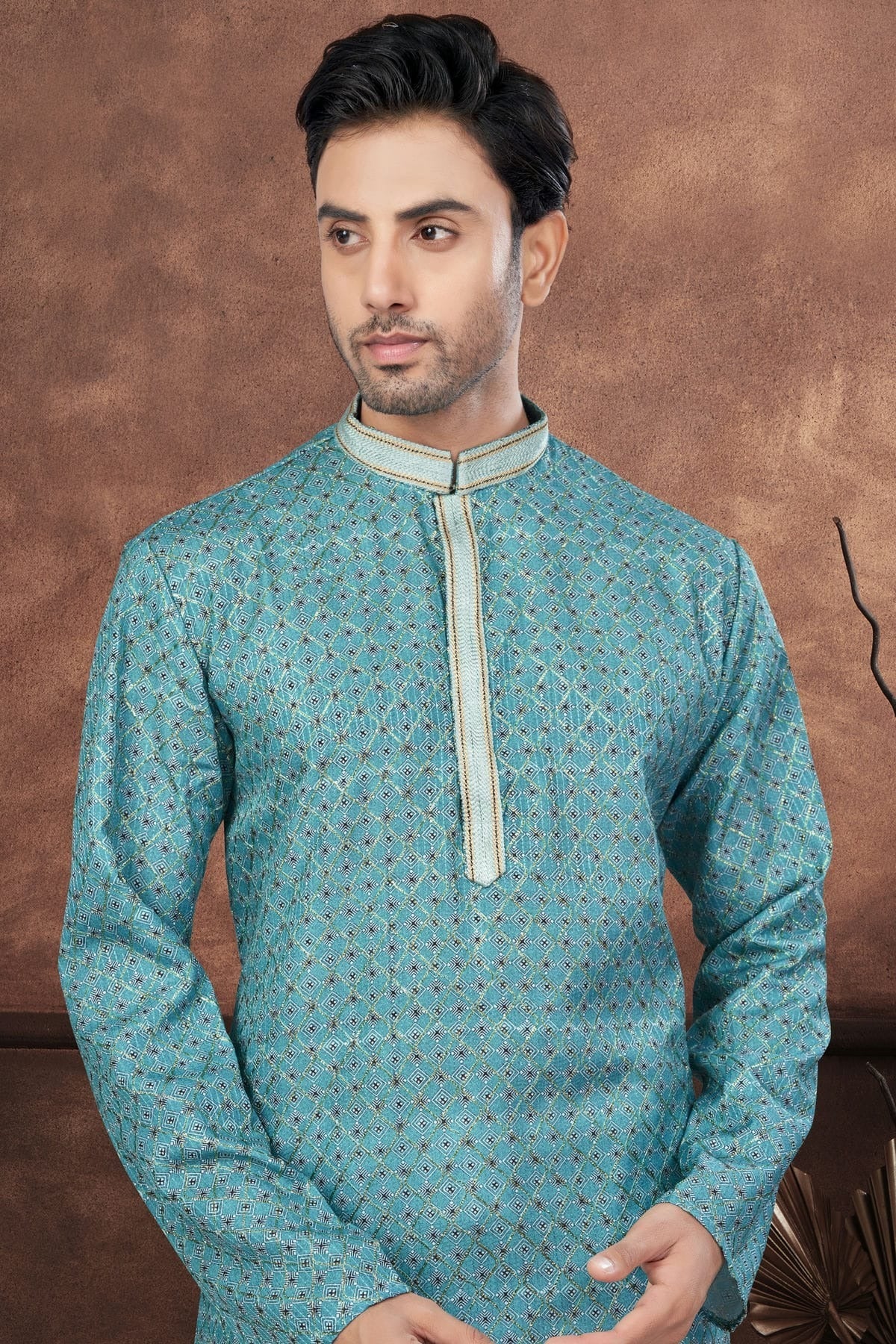 Light Teal Jacquard Kurta Pajama KP1040675 A
