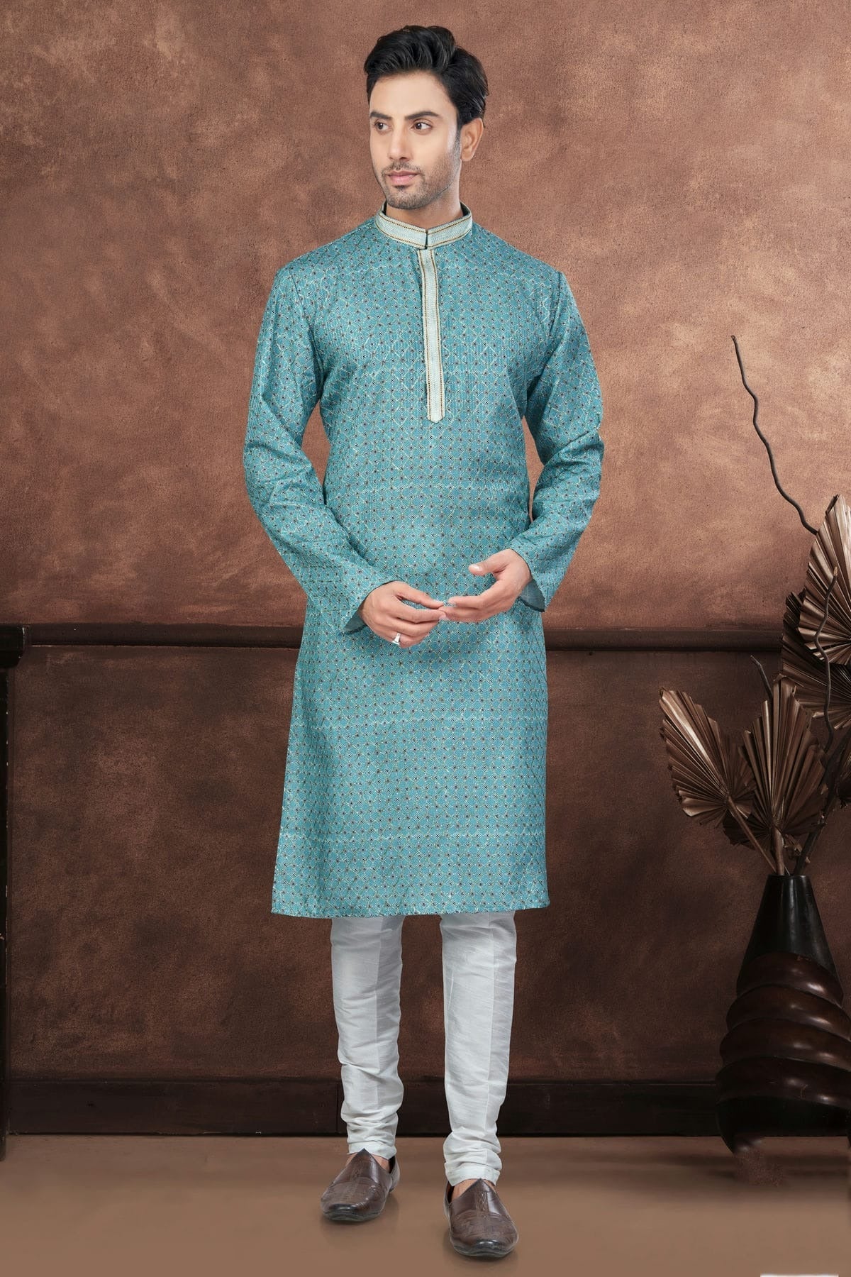 Light Teal Jacquard Kurta Pajama KP1040675