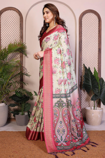 Light Yellow Colour Cotton Silk Printed Saree