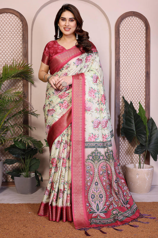 Light Yellow Colour Cotton Silk Printed Saree
