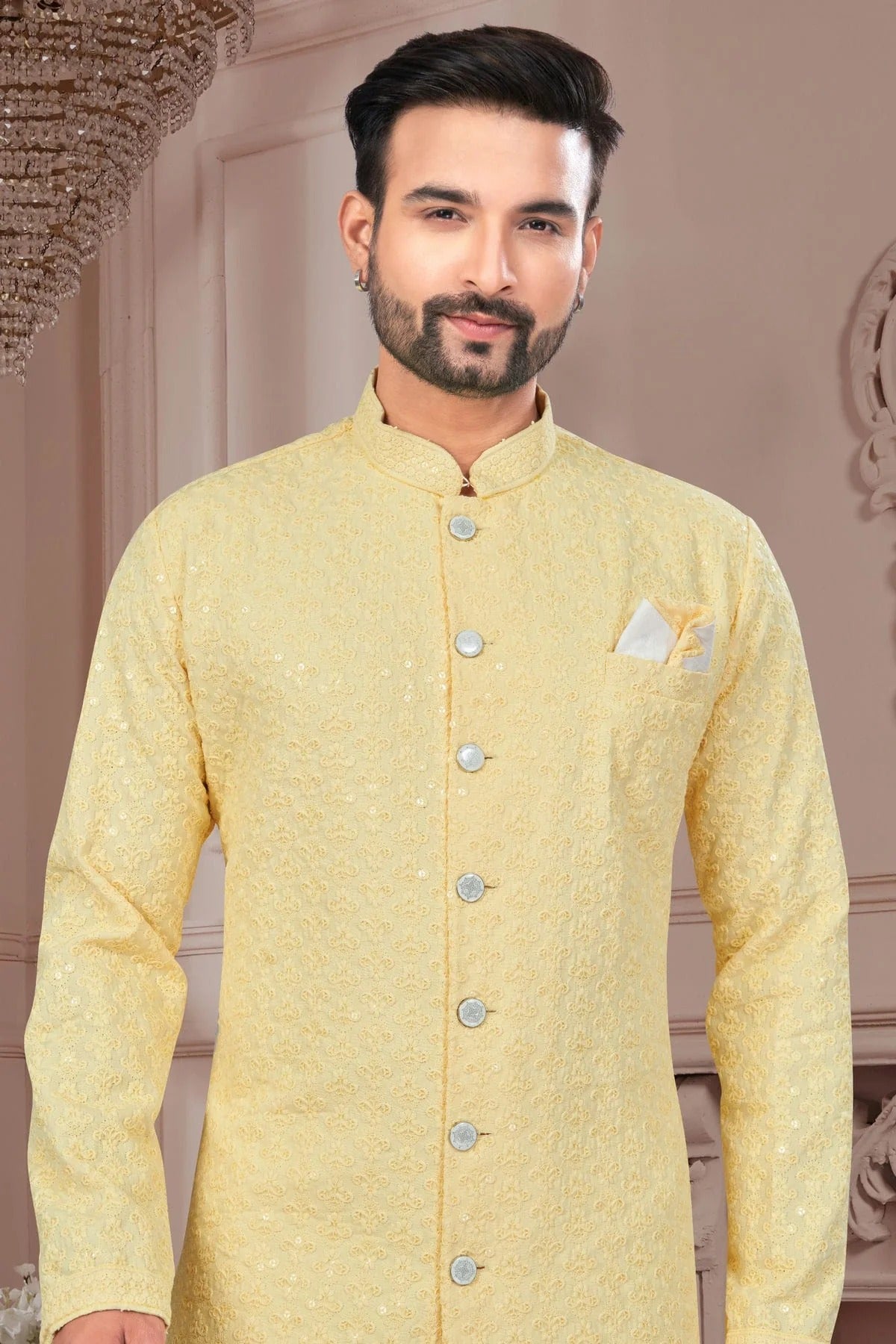 Light Yellow Colour Silk Dupion Sherwani SH1040610 A