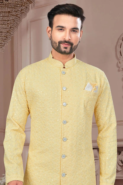 Light Yellow Colour Silk Dupion Sherwani SH1040610 A
