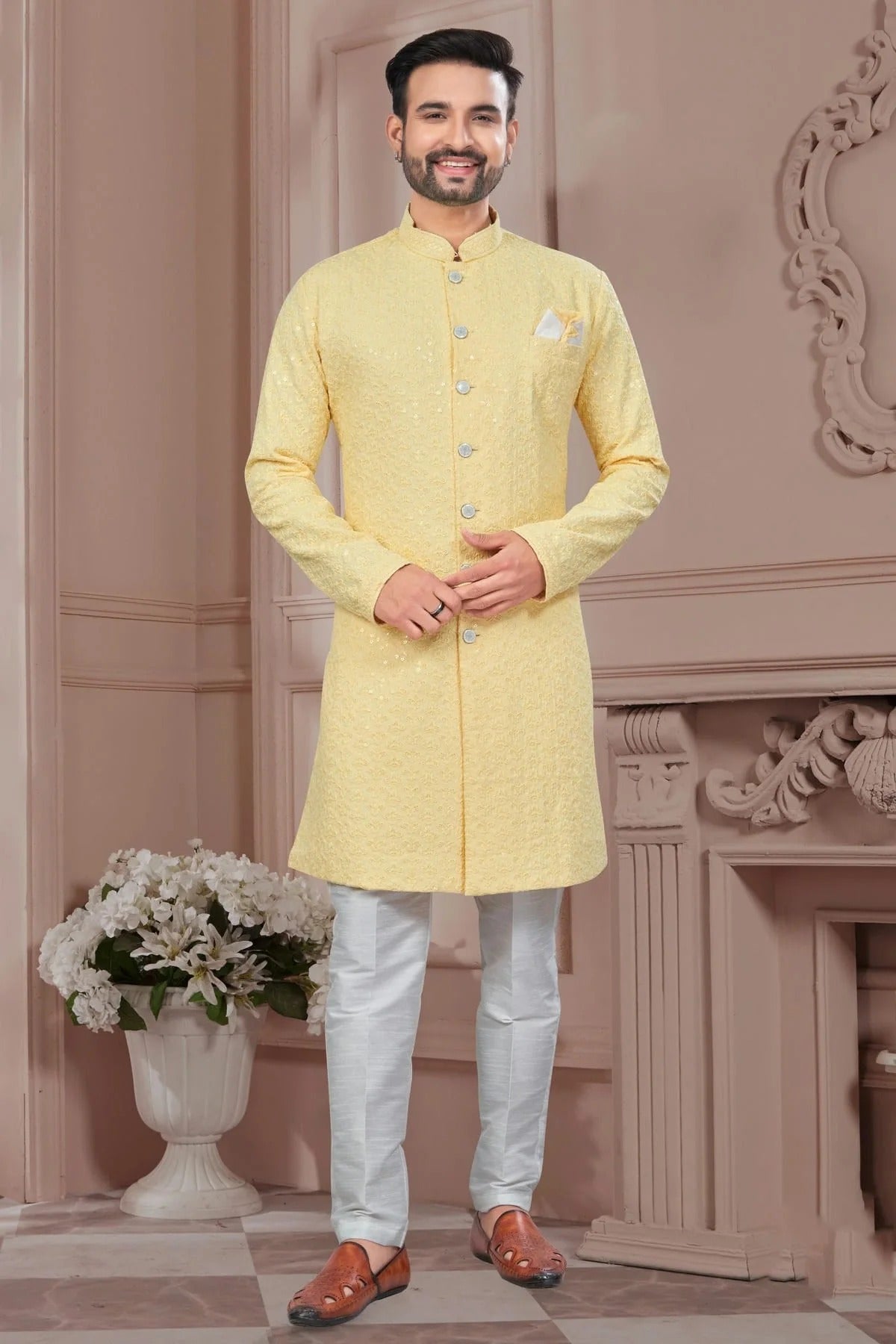 Light Yellow Colour Silk Dupion Sherwani SH1040610