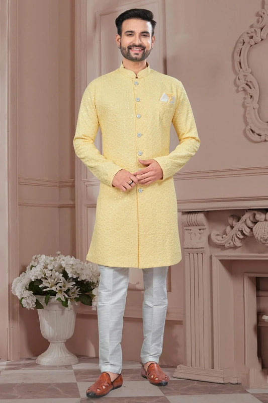 Light Yellow Colour Silk Dupion Sherwani SH1040610