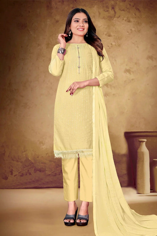Light Yellow Colour Unstitched Cotton Pant Style Suit US1161073