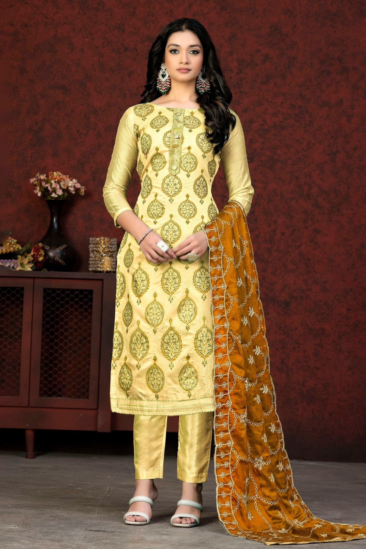 Light Yellow Colour Unstitched Modal Chanderi Fabric Straight Suit US1160922