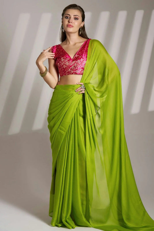 Lime Green Colour Chiffon Saree SD1112756
