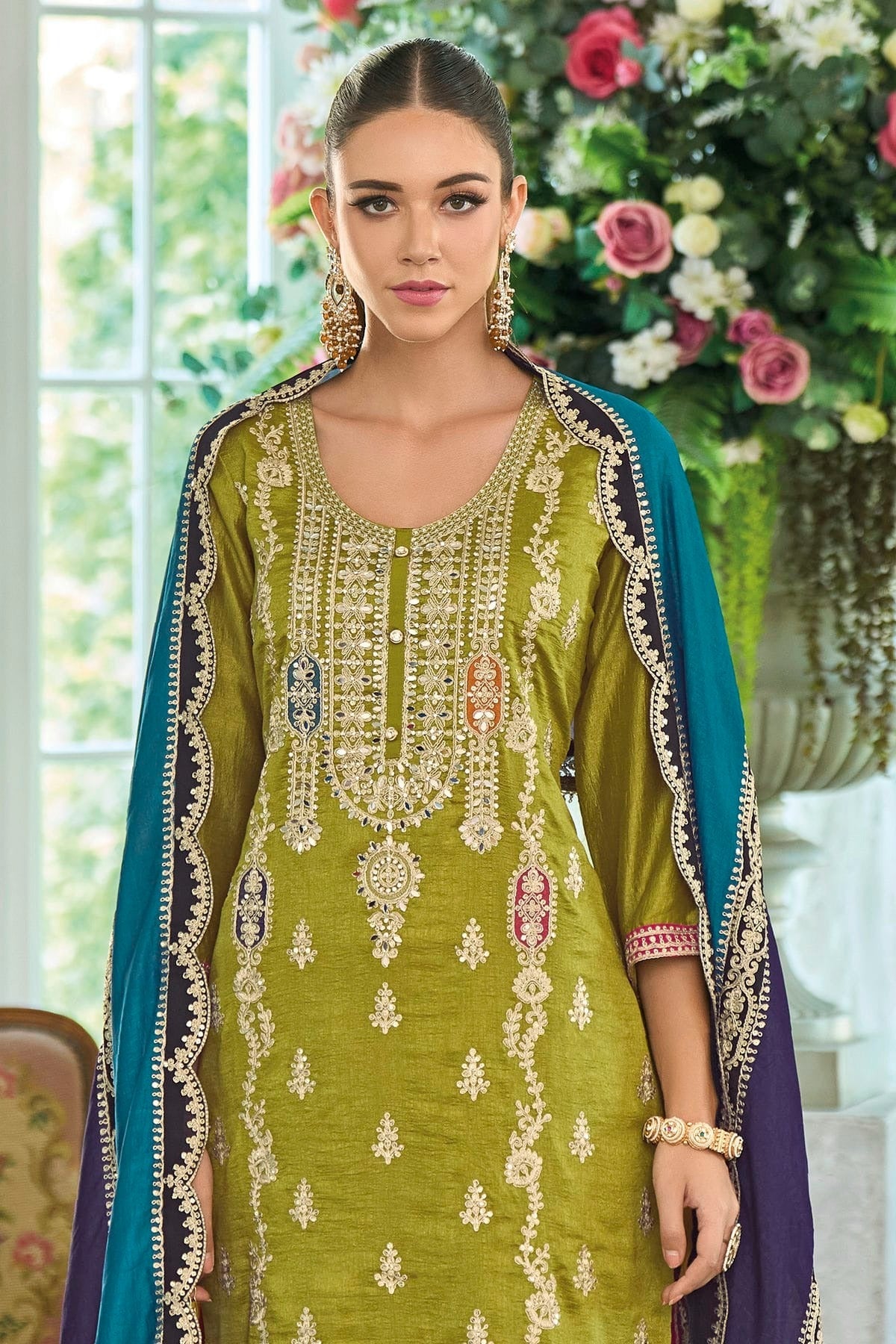 Lime Green Colour Chinon Silk Pakistani Suit SM1140590 A