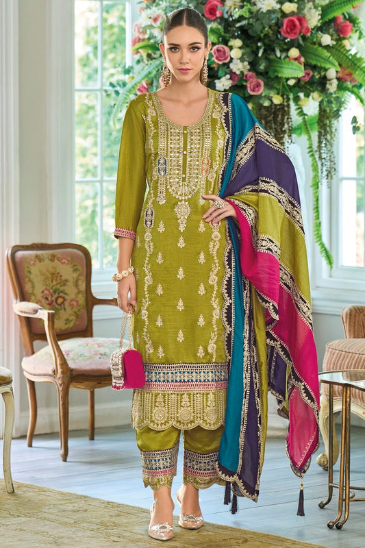 Lime Green Colour Chinon Silk Pakistani Suit SM1140590