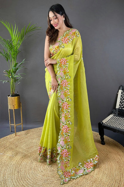 Lime Green Colour Glossy Silk Designer Saree SD1111888