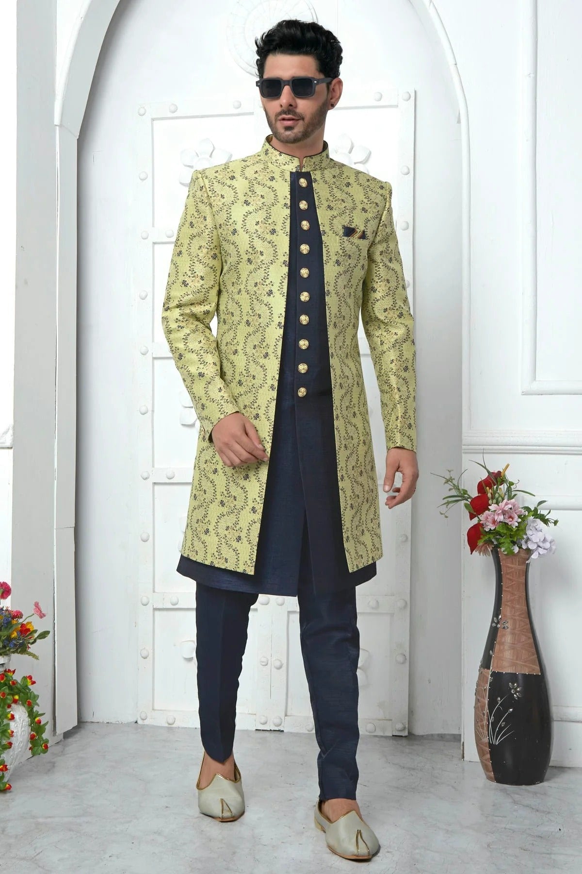 Lime Green Colour Jacquard Silk Indowestern Sherwani With Aligadhi Pant SH1230037 A