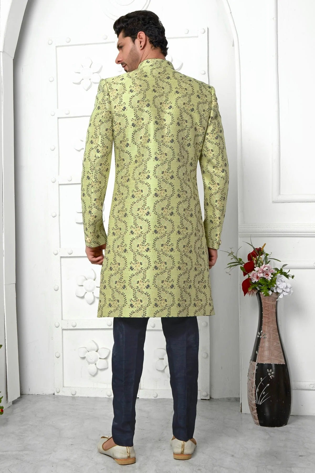 Lime Green Colour Jacquard Silk Indowestern Sherwani With Aligadhi Pant SH1230037 B