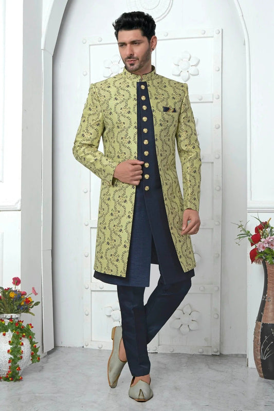 Lime Green Colour Jacquard Silk Indowestern Sherwani With Aligadhi Pant SH1230037