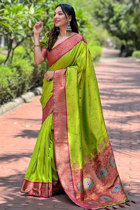 Lime Green Colour Paithani Silk Woven Work Saree SD1290016