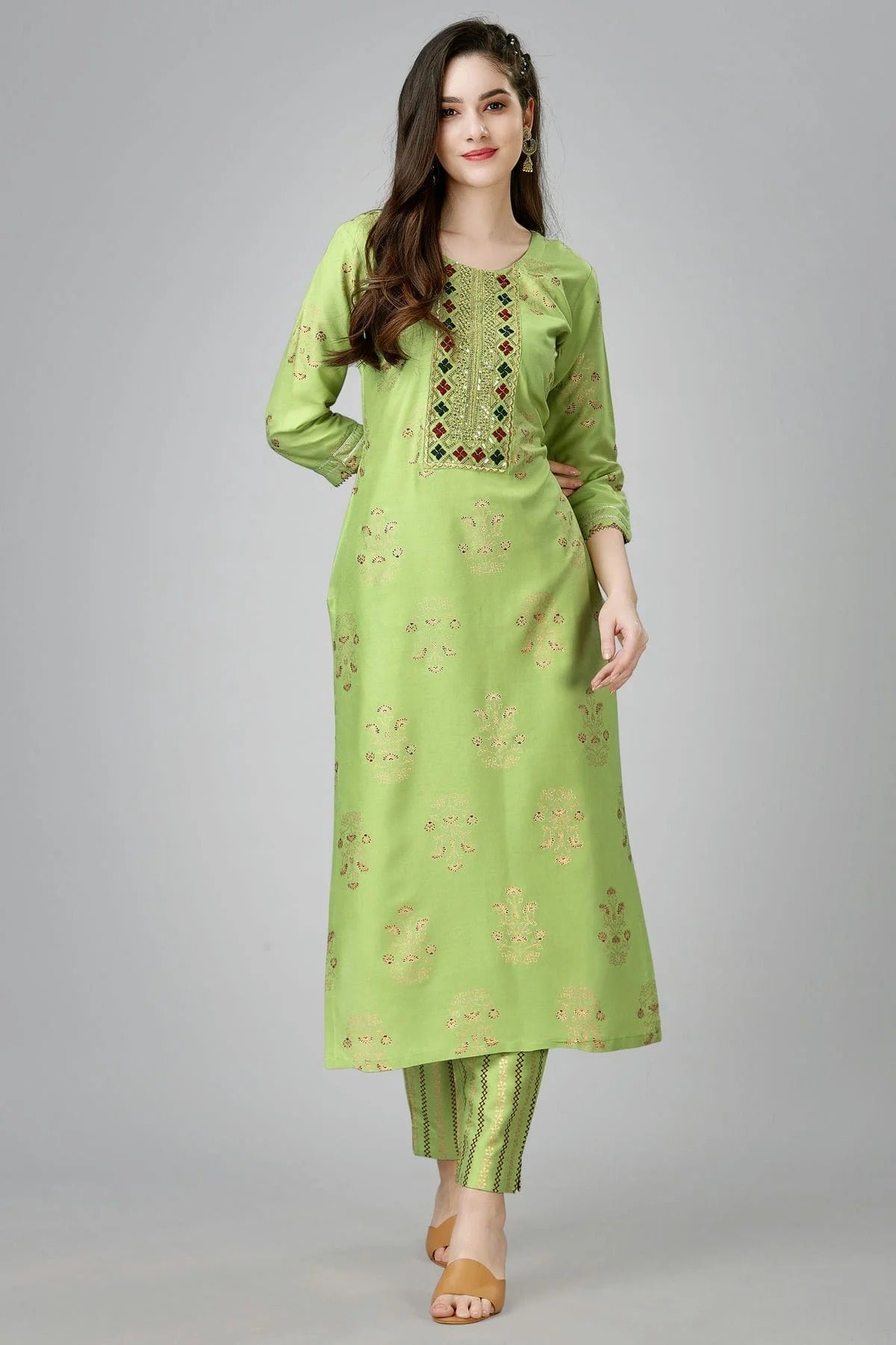 Lime Green Colour Rayon Kurta And Pant Set KR1111320
