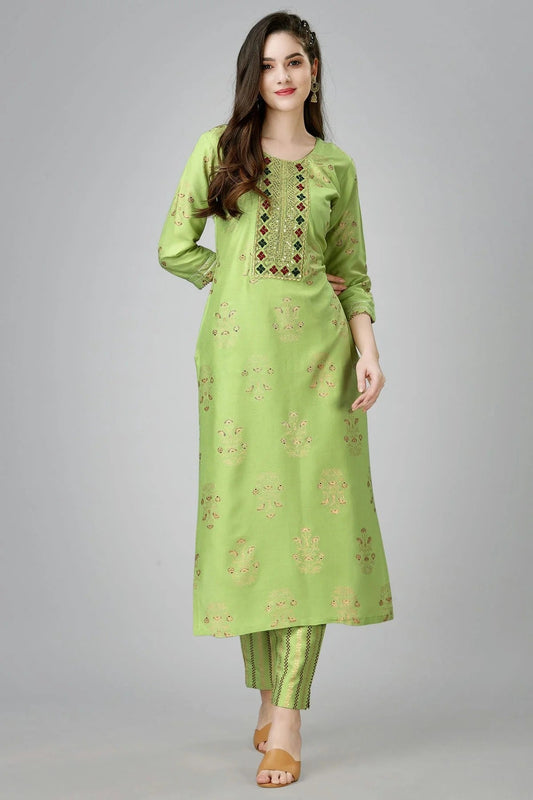 Lime Green Colour Rayon Kurta And Pant Set KR1111320