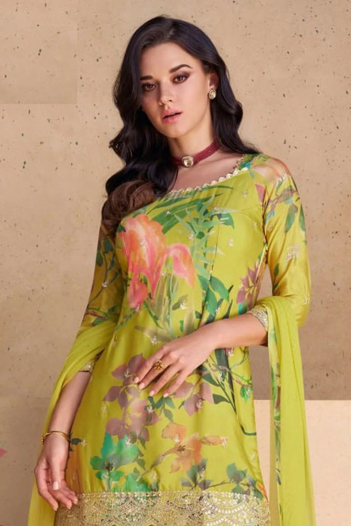 Lime Green Colour Semi Stitched Chinon Palazzo Pant Suit SM1140232 A