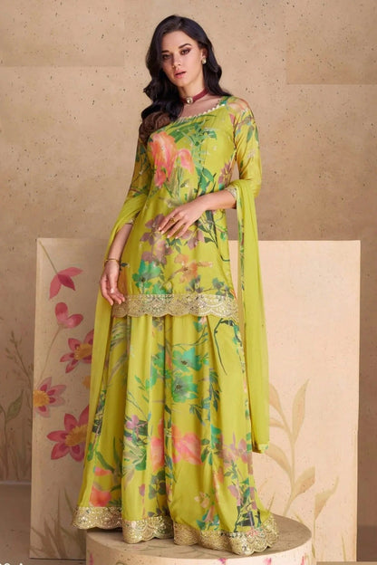 Lime Green Colour Semi Stitched Chinon Palazzo Pant Suit SM1140232