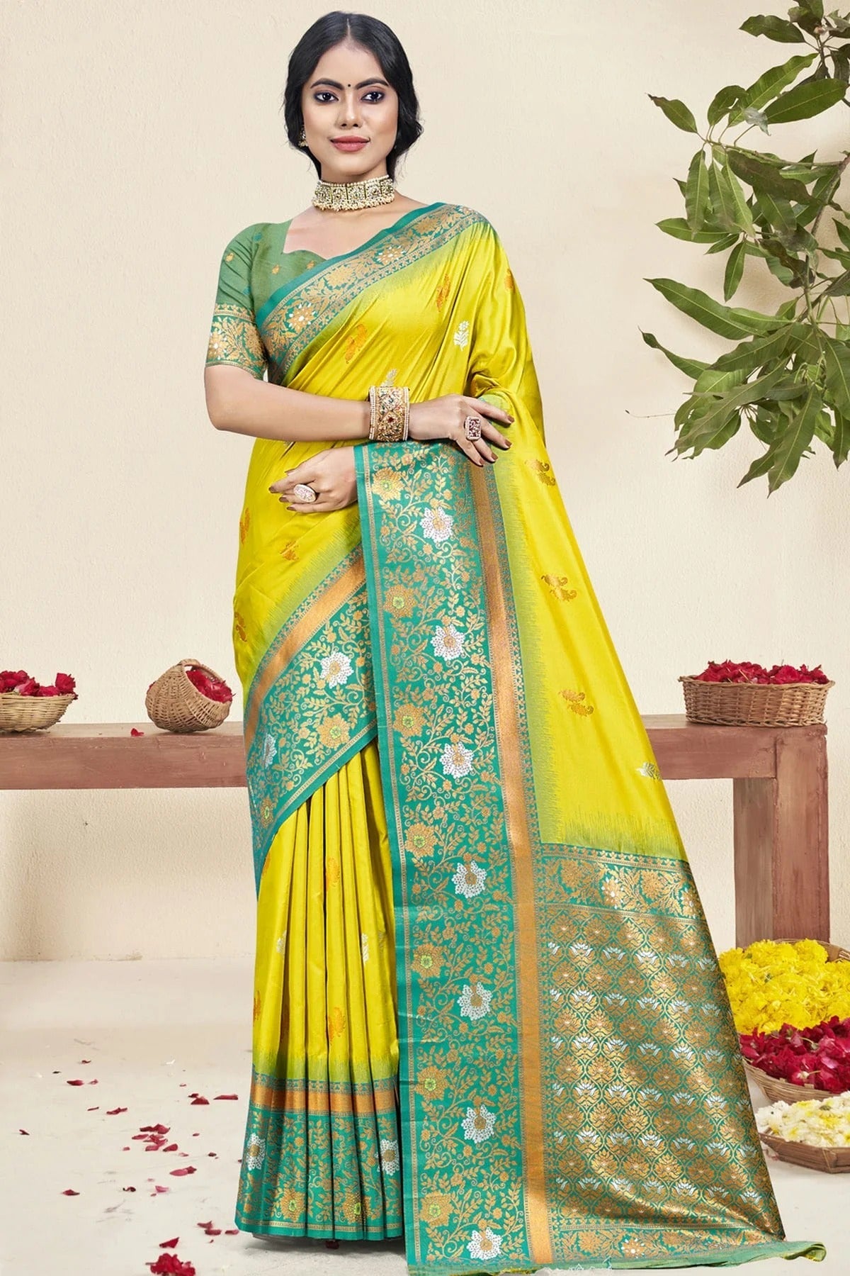 Lime Green Colour Silk Woven Work Traditional Saree SD1102955