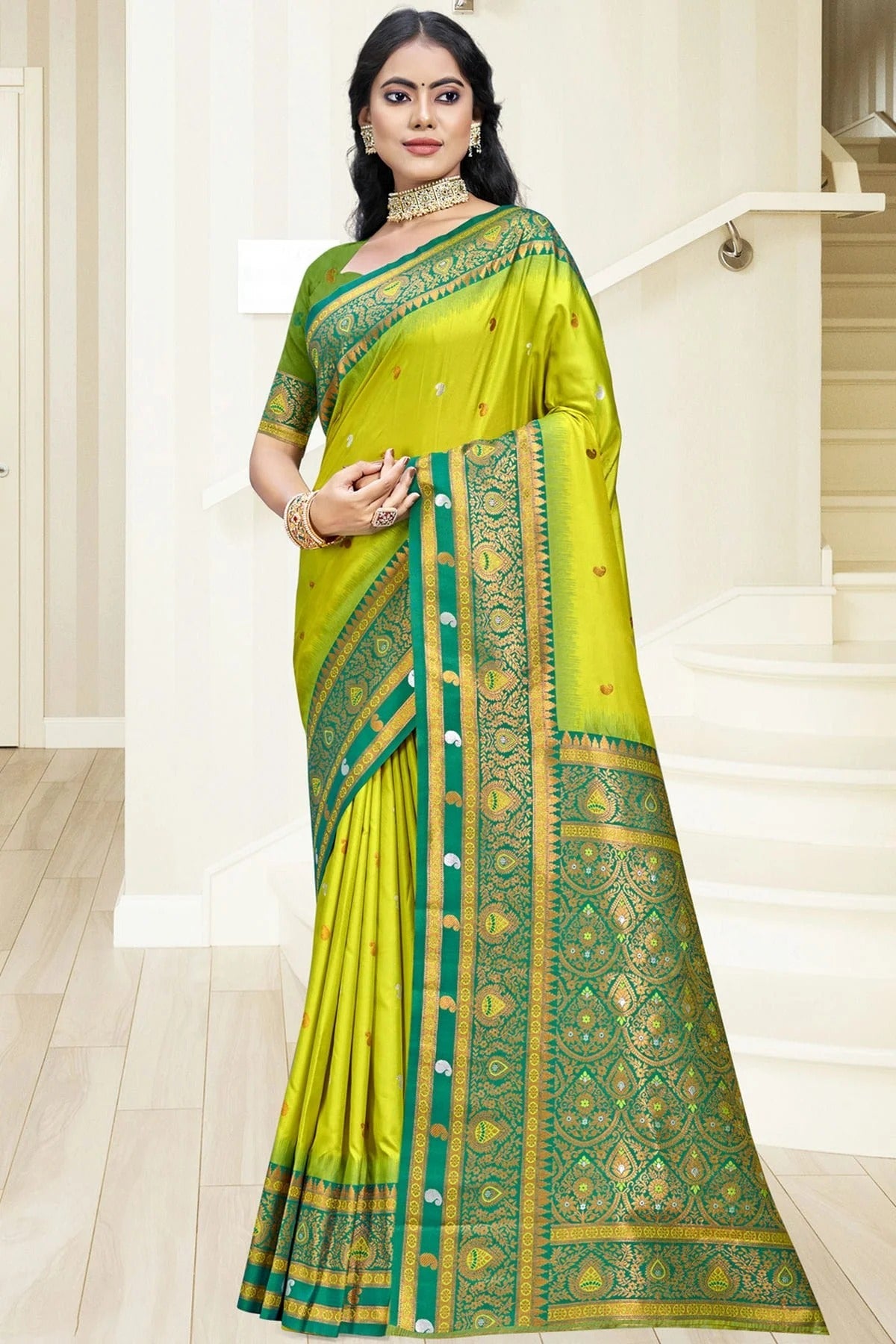 Lime Green Colour Silk Woven Work Traditional Saree SD1102977
